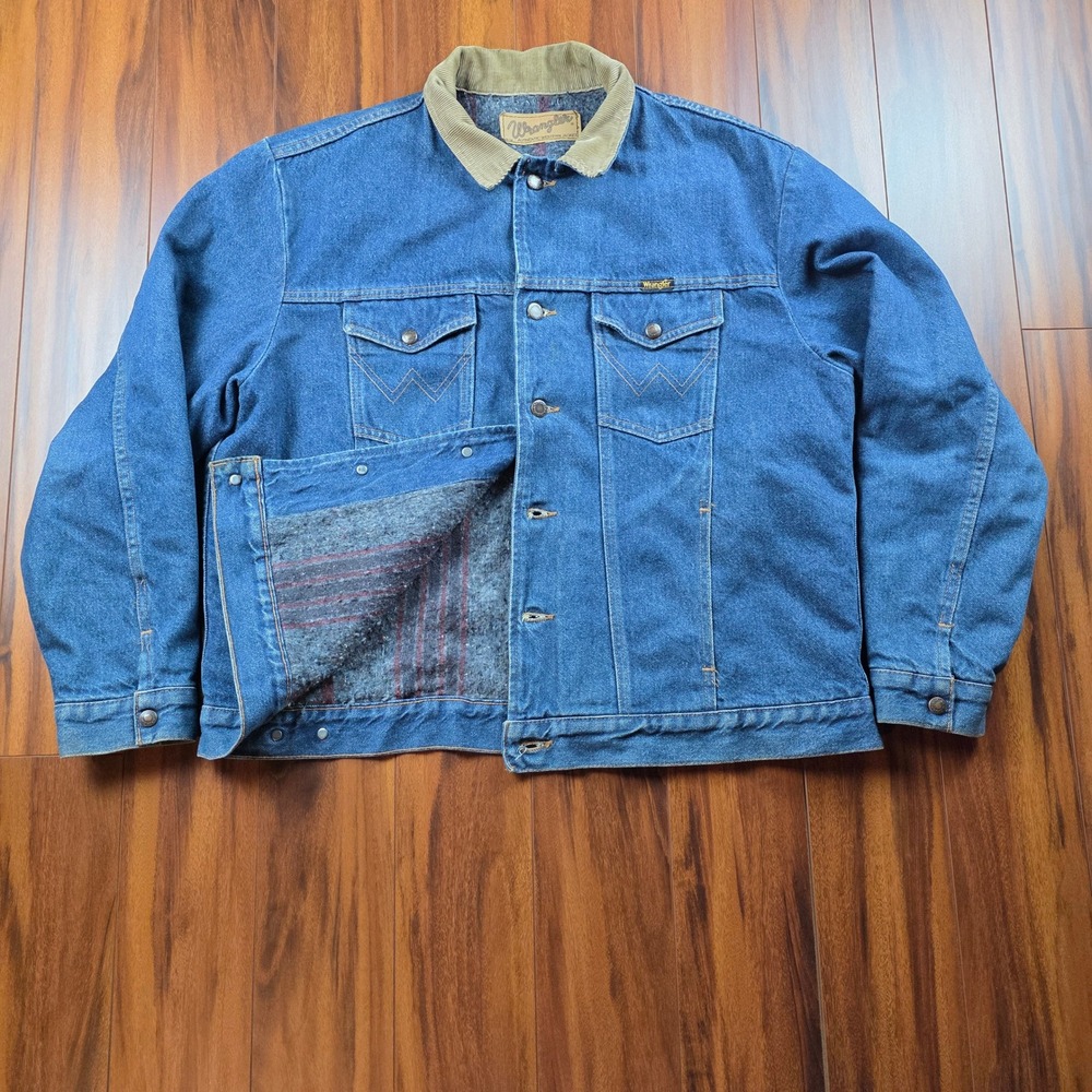 Vintage Wrangler Denim Jacket Blanket Lined Corduroy Collar Made in USA Blue XL